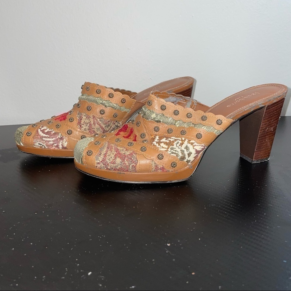 Liz Claiborne Mule Leather Flex Philomena 2 Embellished tapestry Clogs